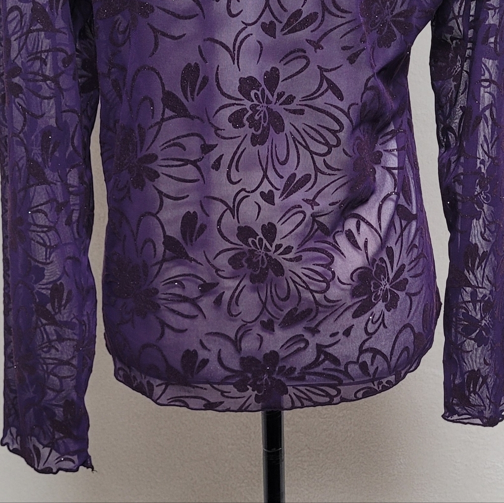 Goth Vintage 90s Sheer Purple Silver Metallic Floral Velvet Tie Front Cardigan L - Picture 10 of 11